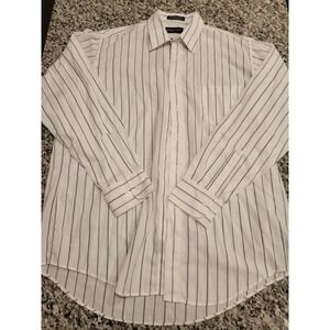 BOTANY 500 Mens Striped Button Down Shirt Size 16 34 35 White Gray Long Sleeve